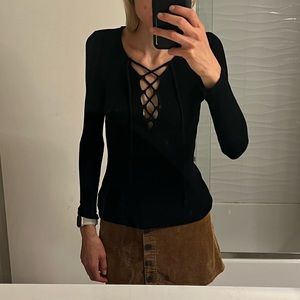 Beautiful Urban Outfitters Black Long Sleeve Low Neck Tie Up Top